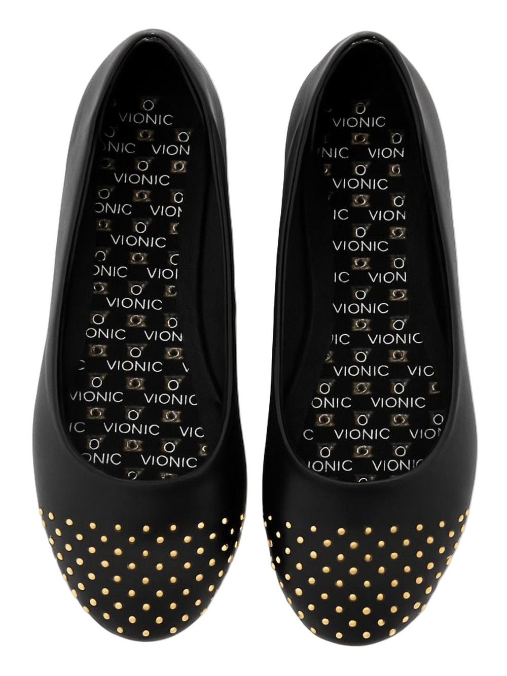 Vionic Bondi Gold Studded Leather Slip On Black Ballet Flats 7.5